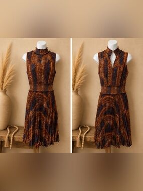 Nanette Lepore Sleeveless Pleated Mock-Neck Dress in Brown & Navy